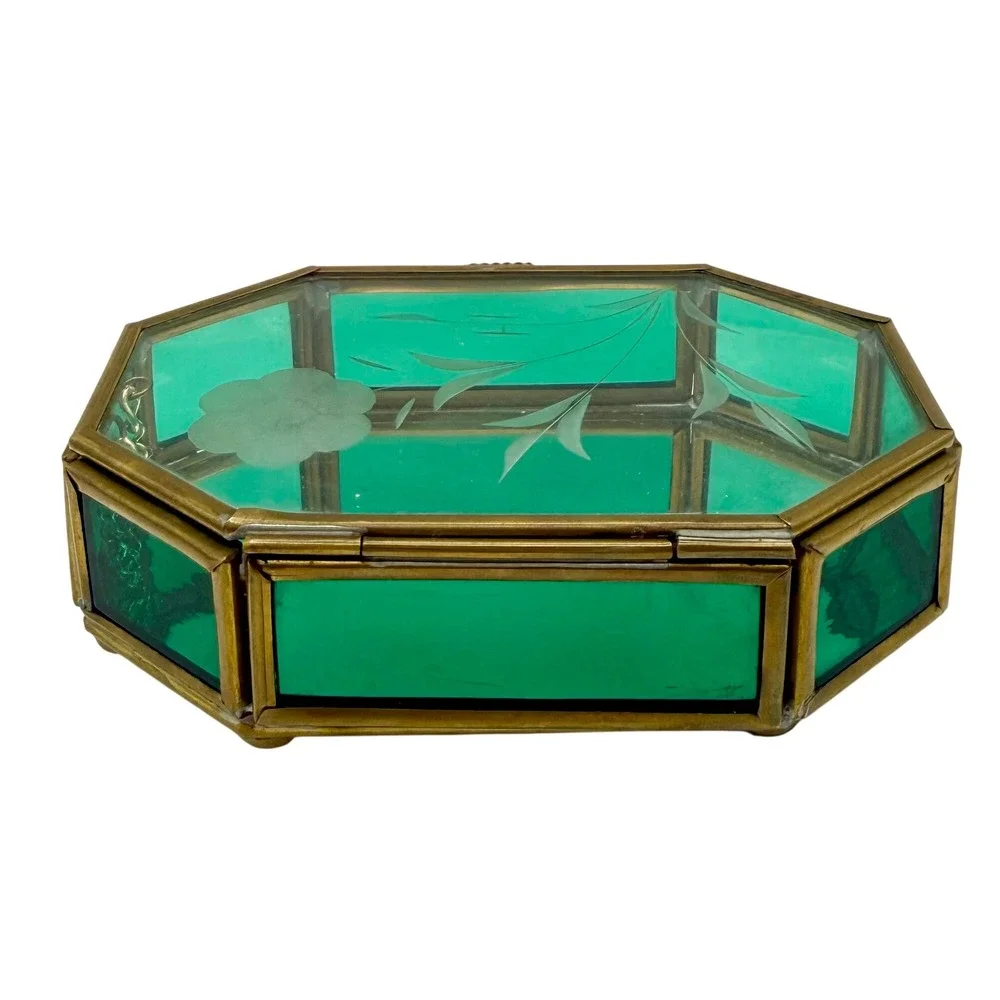 Vintage Emerald Green Glass Jewelry Trinket Box Etched Floral Brass Via Vermont